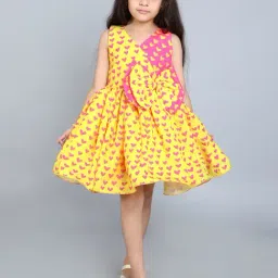 Pink Chick Girls Yellow Cotton Sleevelesss Bow Colorblocked Fit & Flare Dress-image-1