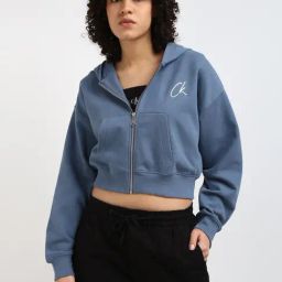 Calvin Klein Jeans Women China Blue Solid Hooded Full Sleeves Crop Zip Through Hoodie-image-94