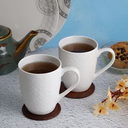Aura White 2 Pieces Glossy Ceramic Embossed Coffee Mugs 300ML-image-82