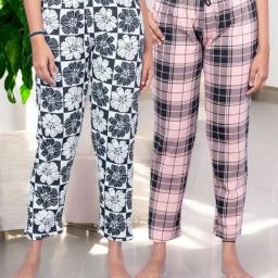 Kryptic Peach & Off White Cotton Relaxed Fit Printed Lounge Pants - Pack of 2-image-86