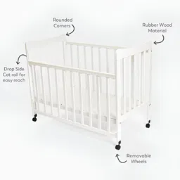 MiArcus White Rubber Wood Cot With 3-Level Adjustable Height Cot Rail & Removable Wheels image 5