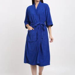 Creeva Everyday Turkish Blue 225 GSM Micro Terry Bathrobe with Front Pocket & Kimono Collar-86