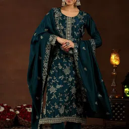 Libas Women Floral Embroidered Regular Sequinned Kurta with Trousers & With Dupatta-image-35