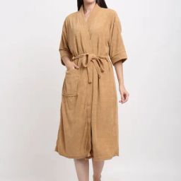 Creeva Everyday Camel 225 GSM Micro Terry Bathrobe with Front Pocket & Kimono Collar-58