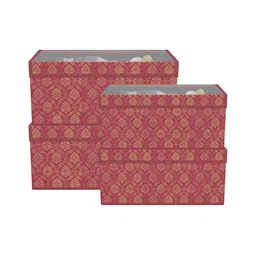 Aura Maroon & Gold-Toned 4 Pieces Printed Drawer Organiser With Transparent Lid-10