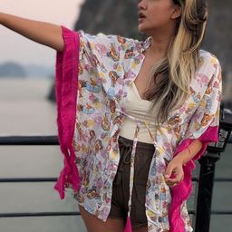 Tura Turi Women White& Pink Mermaid Printed Short Sleeves Tie-Up Shrug-image-64
