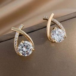 PolluxCraft Korean Gold-Plated Artificial Stones Studded Teardrop Shaped Studs-picture-0