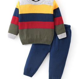Babyhug Knitted Full Sleeves Sweater Set With Striped - Navy Blue & Grey-image-87