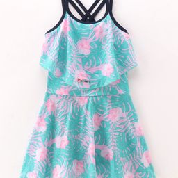 ROVARS Lycra Sleeveless Floral Printed Frock Style Swimsuit - Pink & Blue-11