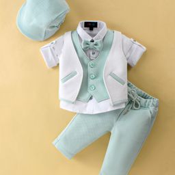 Robo Fry Cotton Woven Full Sleeves Party Suit with Bow & Cap - White & Sea Green-image-40