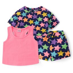 Babyhug Single Jersey Knit Half Sleeves T-Shirt & Shorts Set Star Print - Pink & Navy Blue-image-56