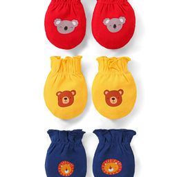 Babyhug 100% Cotton Mittens  Teddy Bear & Lion Print Pack of 3 - Multicolour-93