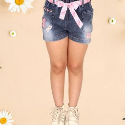 Cutecumber Floral & Pearl Embellished  Denim Shorts - Blue-image-44