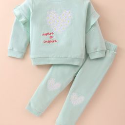 ToffyHouse Cotton Knit Full Sleeves T-Shirt & Lounge Pants Set With Floral Embroidery - Light Green-image-44