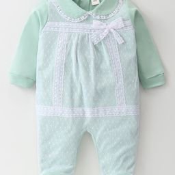 ToffyHouse 100% Cotton Knit Full Sleeves Peter Pan Collared Footed Romper with Net & Bow Detailing - Sea Green-image-17