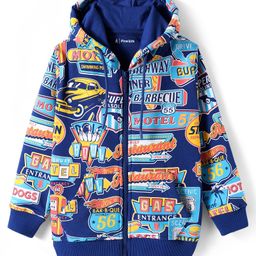 Pine Kids Cotton Knit Full Drop Shoulder Sleeves Text Printed Hooded Sweatjacket & Kangaroo Pocket - Navy Blue-image-82