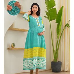 Aujjessa Cotton Three Quarter Sleeves Polka Dots Printed & Lace Embellished Maternity Feeding Dress With Concealed Zipper Nursing Access  Sea Green Yellow-image-86