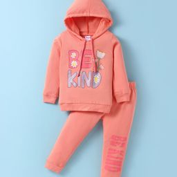 Tango Looper Knit Full Sleeves Hooded Sweatshirt & Lounge Pant Set With Text Print - Orange-image-1