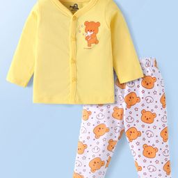 Doodle Poodle Single Jersey Knit Full Sleeves Front Open Night Suit With Teddy Bear Printed - Yellow-picture-23