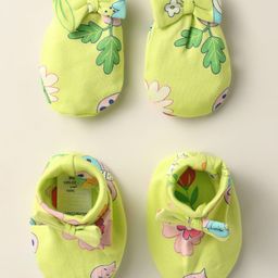 Babyoye 100% Cotton Interlock Knit Mittens & Booties Set With Floral Print - Yellow-picture-4