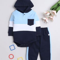 BUMZEE Cotton Knit Full Sleeves Cut & Sew Hooded Onesie & Jogger Set - Navy Blue-image-2