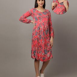 The Mom Store Cotton Three Fourth Puffed Sleeves Floral Printed Maternity Dress With Nursing Access - Magenta-image-32