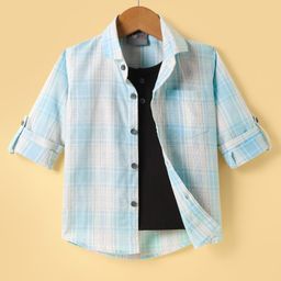 Dapper Dudes Full Sleeves Checked Shirt With Attached Tee - Light Blue-image-96