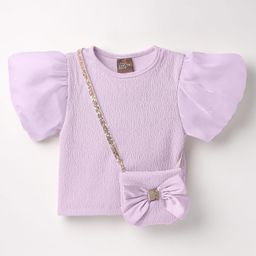 Little Kangaroos Knit Half Puffed Sleeves Solid Color Textured Top with Sling Bag - Lilac-image-76