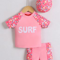 Babyhug Half Raglan Sleeves Two Piece Swimsuit With Tropical Theme Print & Cap - Pink-image-88