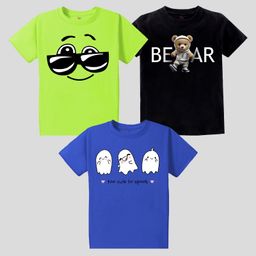 KAVEE Pure Cotton Pack Of 3 Half Sleeves Teddy Bear & Cute Ghost Printed Tees - Blue Green & Black-picture-14