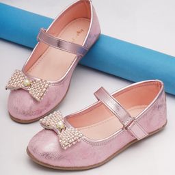 boyz n galz Bow Applique Detailed Pearls Embellished Shimmered Velcro Closure Mary Jane Ballerinas - Pink-image-40