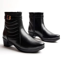 Shoetopia Buckle Applique Detailed Zipper Closure Boots - Black-image-24