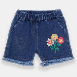 Creative Kids Denim Cotton Floral Embroidered Frayed Shorts - Navy Blue-image-49