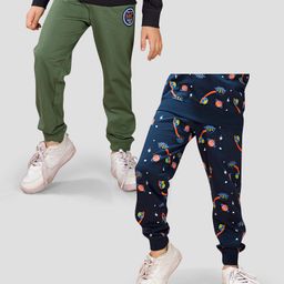 TRESNOVA Cotton Knit Pack Of 2 Space Theme & NYC Text Printed Antimicrobial Joggers - Navy Blue & Olive Green-image-10