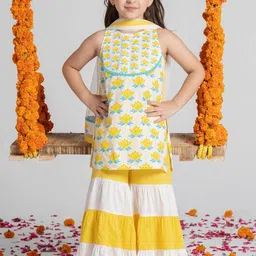 SPUNKIES Girls Floral Printed Sleeveless Pure Cotton A-Line Kurta With Salwar & Dupatta-picture-14