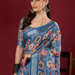 KALINI Blue Linen Blend Printed Sarees-image-73