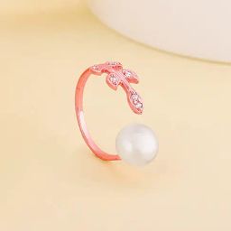 GIVA 92.5 Sterling Silver Rose Gold Leafy Pearl Adjustable Ring for Womens and Girls-image-35