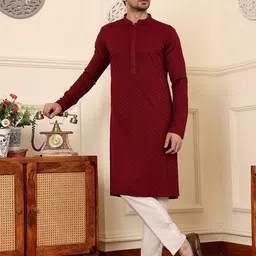 MULTI SHADES Geometric Mandarin Collar Straight Chikankari Work Kurta With Churidar-picture-20