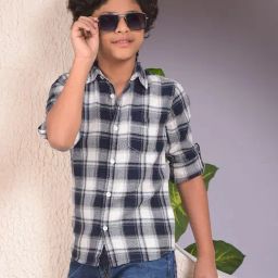 Crimsoune Club Boys Navy Cotton Slim Fit Chequered Shirt-picture-1