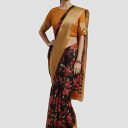 Saree Mall Black & Red Linen Floral Print Saree With Unstitched Blouse-image-92
