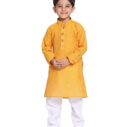 VASTRAMAY Kids Yellow & White Cotton Self Pattern Kurta Set-image-73