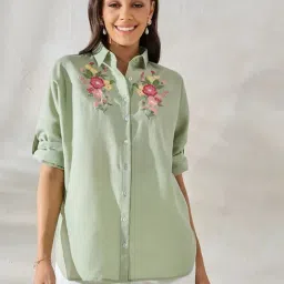 Styli Sage Green Embroidered Oversized Shirt-image-21