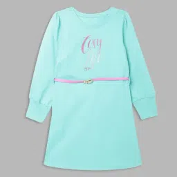 Elle Kids Aqua Blue & Pink Cotton Printed Full Sleeves Dress-picture-3