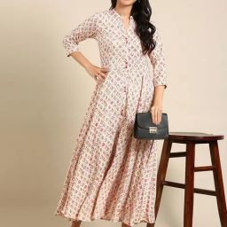 SHOWOFF Beige & Red Floral Print Anarkali Kurta-picture-4
