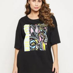 Clovia Black Cotton Printed Oversized T-Shirt-image-56