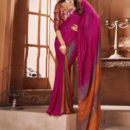 Satrani Pink & Orange Tie & Dye Saree With Unstitched Blouse-image-32