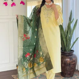URMIR FASHION Women Yellow Soild & Green With Floral Printed Kurta with Trousers & Dupatta-picture-17