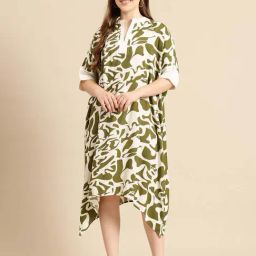 Qurvii Olive Abstract Print Casual Dress-image-6