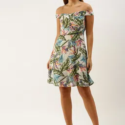 DODO & MOA Multi-Color Tropical Print Off-Shoulder Crepe Dress-image-96