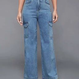 Miss Chase Blue Wide Leg High Rise Heavy Wash Regular Length Stretchable Cargo Denim Jeans-image-96